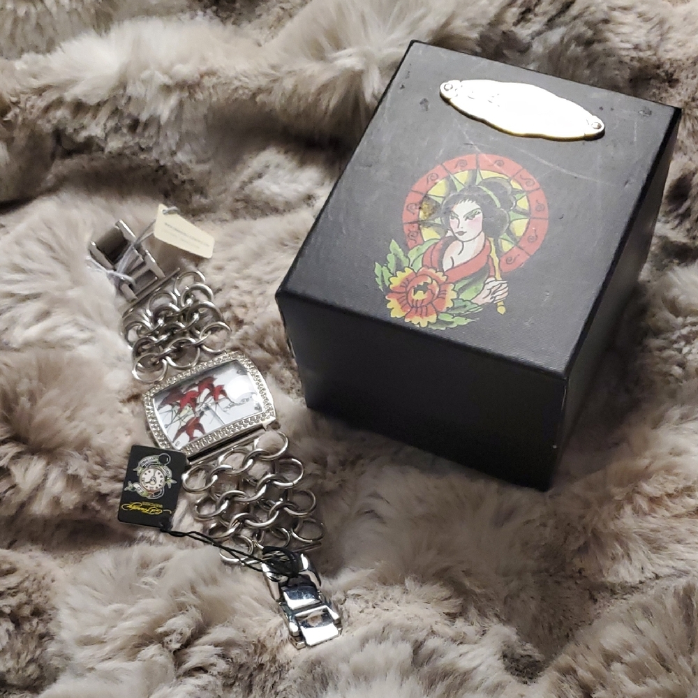 Ed Hardy Silver Women's Watch with Black and Red Accents